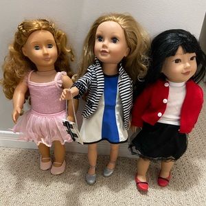 3 18 inch dolls with complete outfits